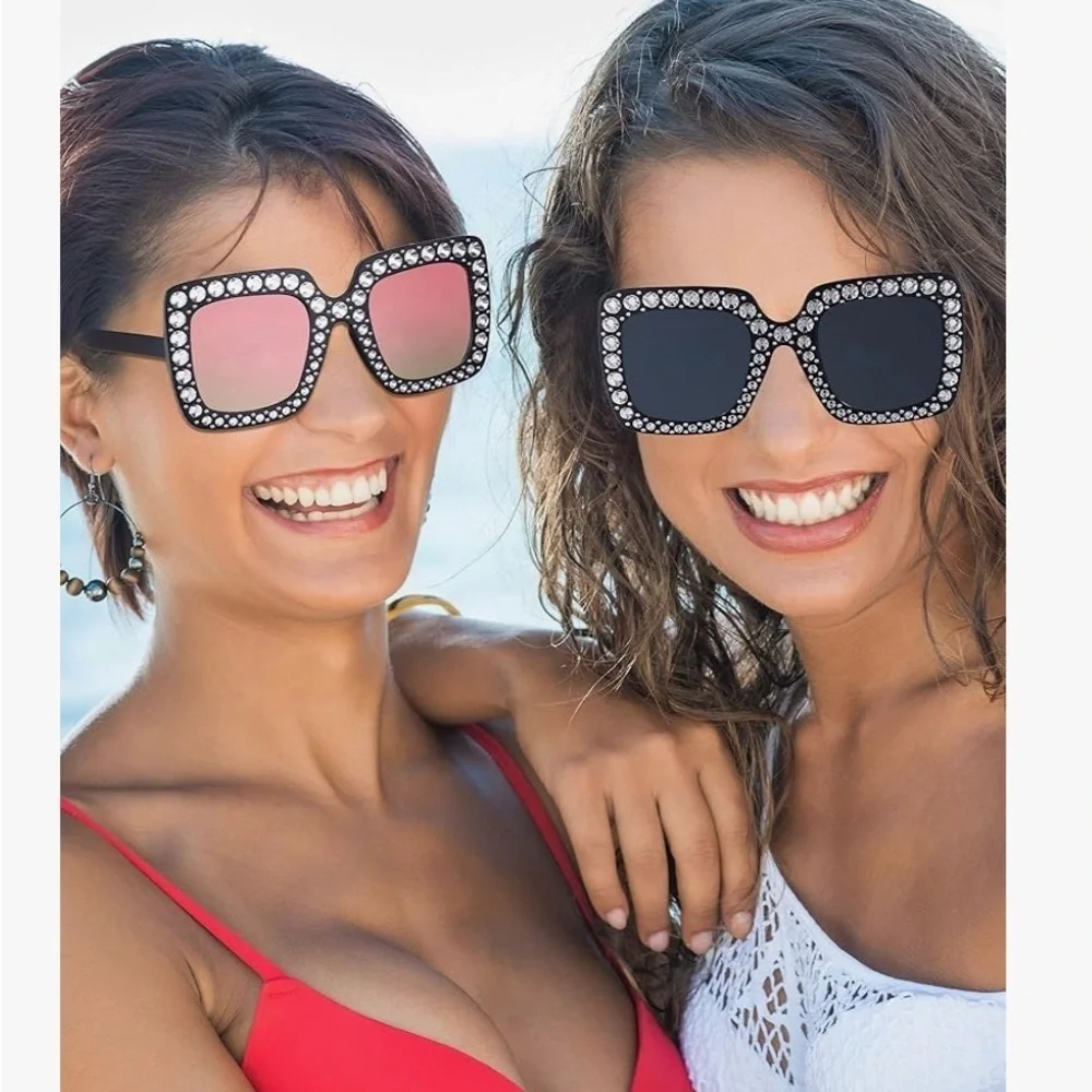 Sparkly, Fluted Rhinestone Rimmed Sunglasses, Black, Silver